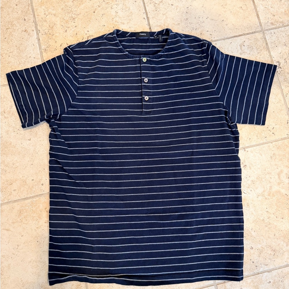 Theory Men's Navy and White Striped Short-Sleeve Henley
